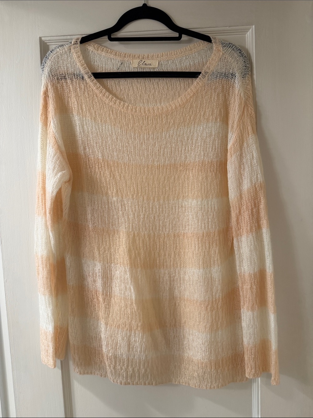 Elan Peach & Cream Striped Open-Knit Scoop Neck Sweater